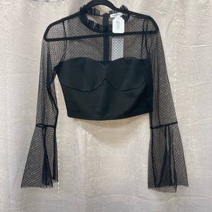 Cropped Sweetheart Mesh Top With Bell Sleeves